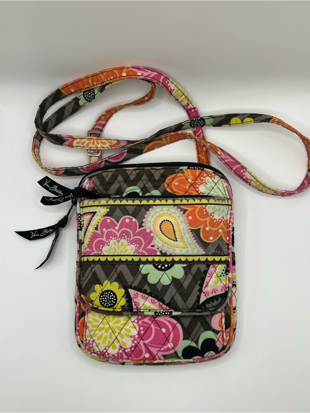 Vera Bradley Gray Floral Paisley Quilted Crossbody with Pink & Orange Accents
